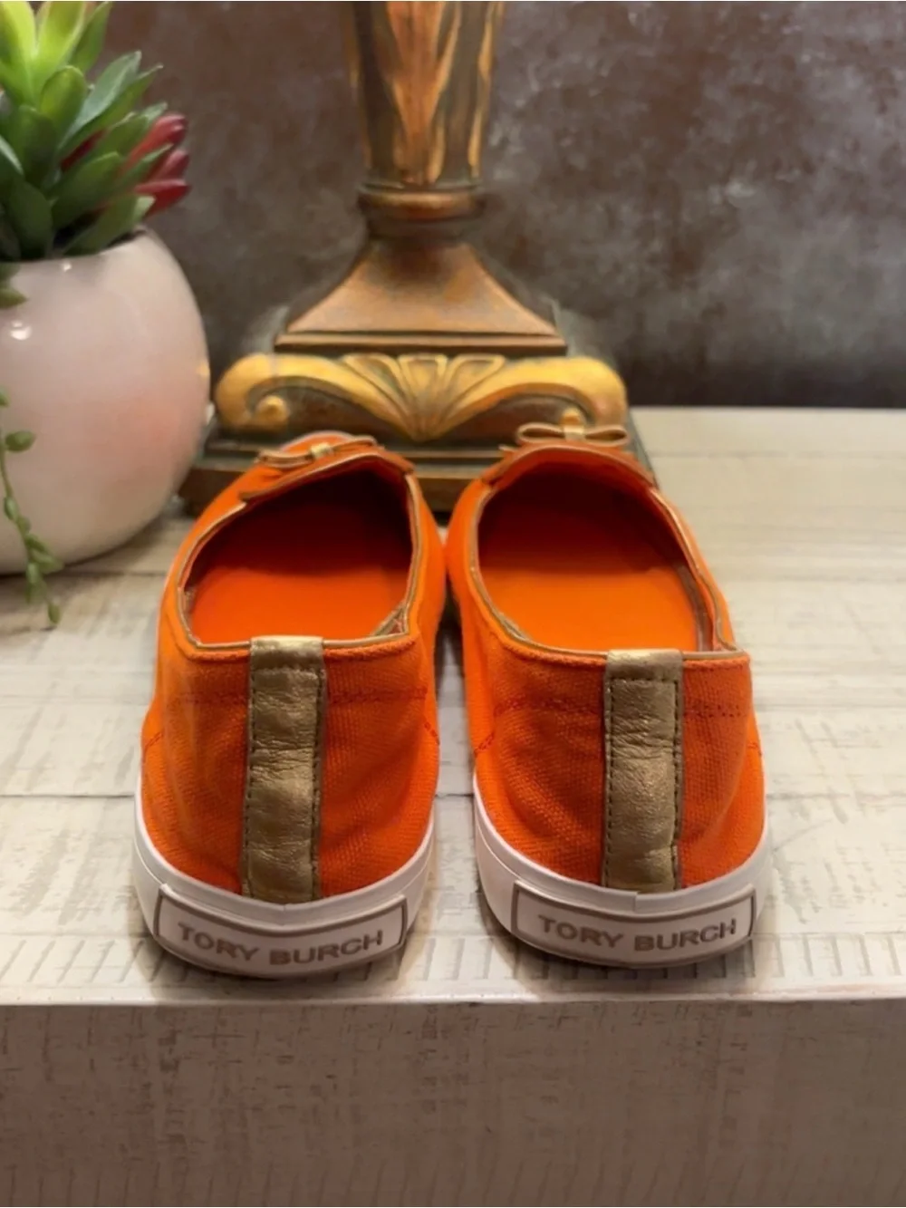 Tory Burch Orange Leather Ballet Flats with Logo Hardware ~ Size 6